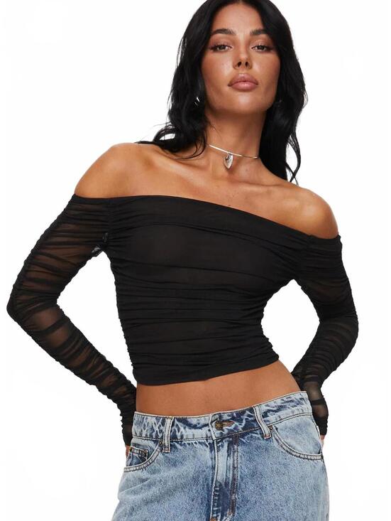 Princess Polly Tops - NWT Princess Polly Hartford Black Off the Shoulder Sheer Ruched Crop Top- Size 6